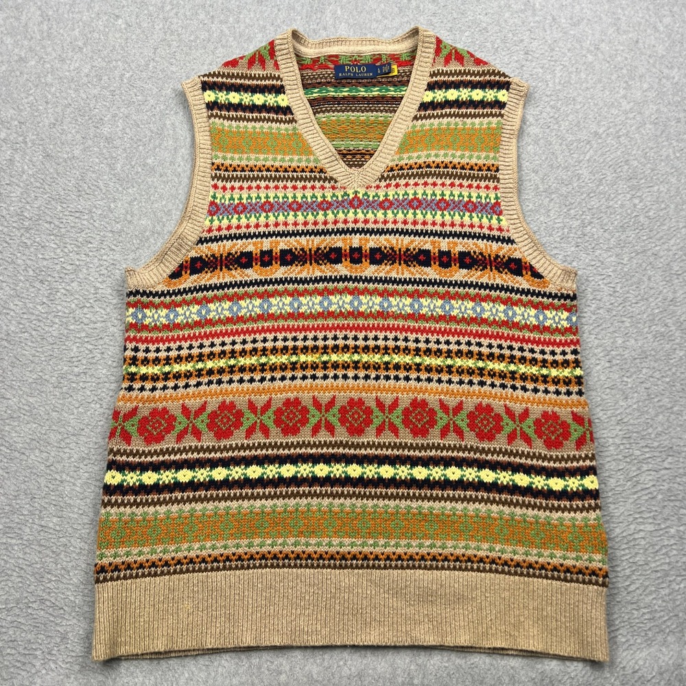 Polo Ralph Lauren Sweater Fair Isle Vest Mens Large Cotton Silk Cashmere Knit